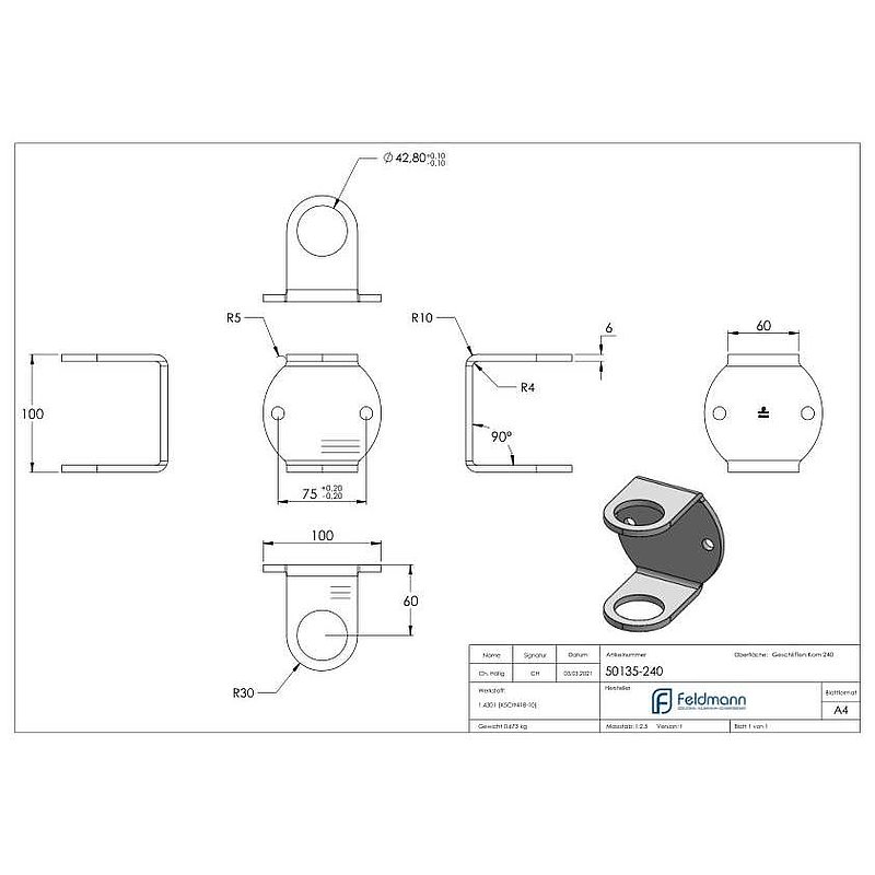 Wandbefestigung für Geländerpfosten 42,4mm, V2A
