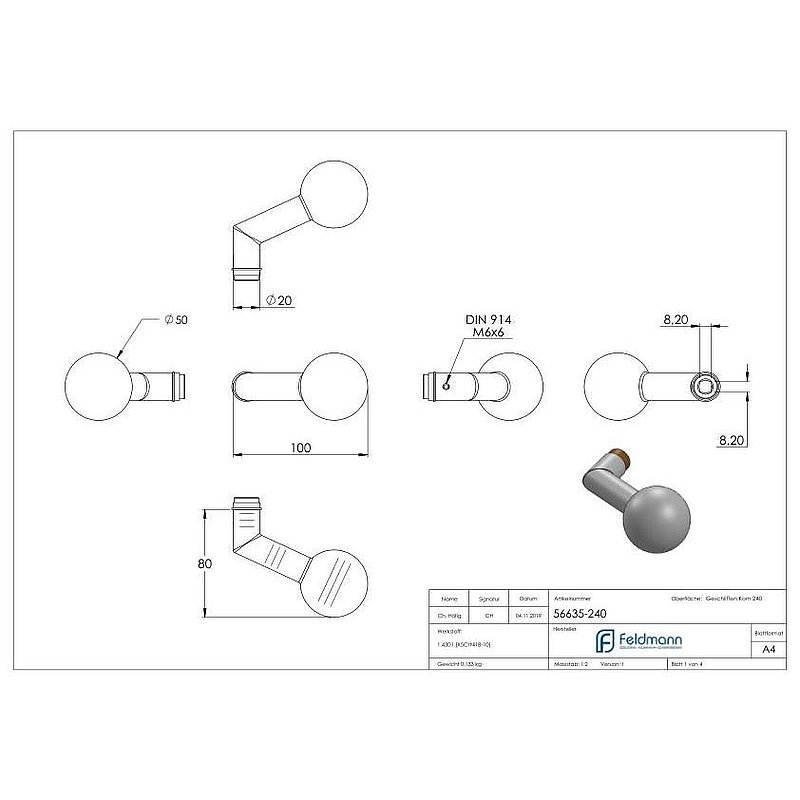 Door knob, single, Ø 50mm, cranked, AISI304