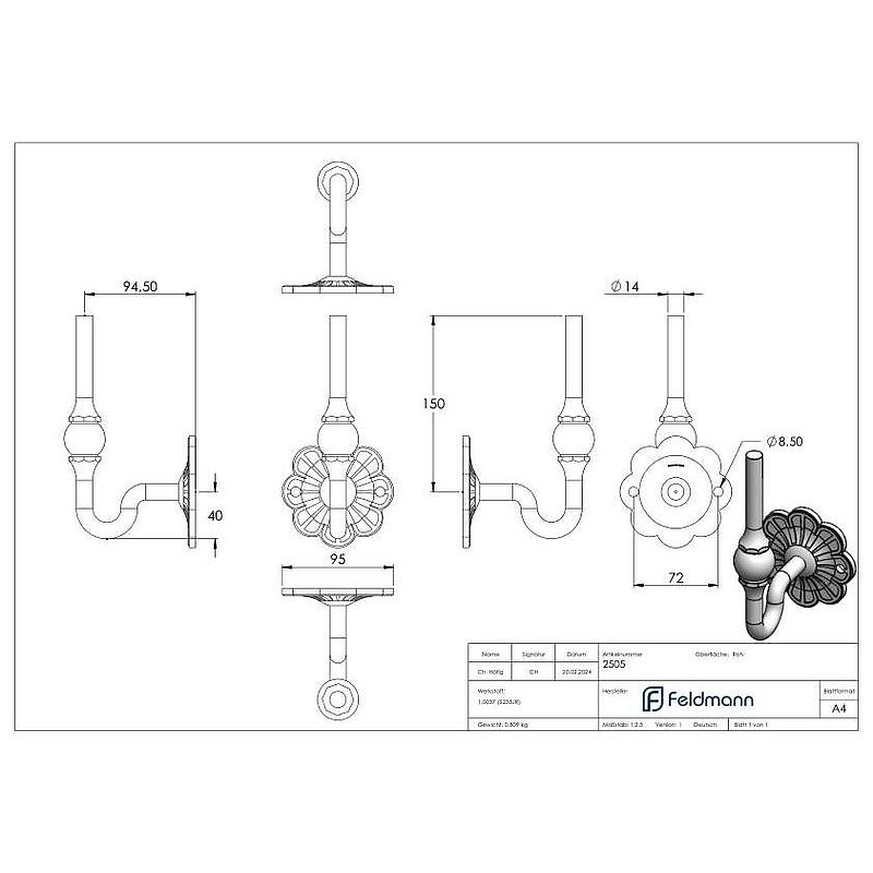 Support de mains courante avec embase ronde Ø93mm, plate