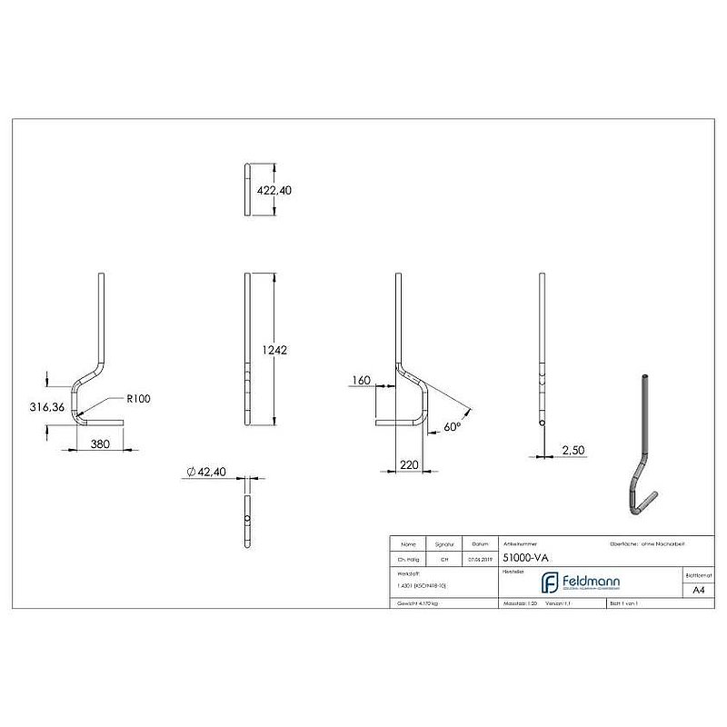 Pfosten gebogen, aus Rohr 42,4mmx2,5mm, V2A