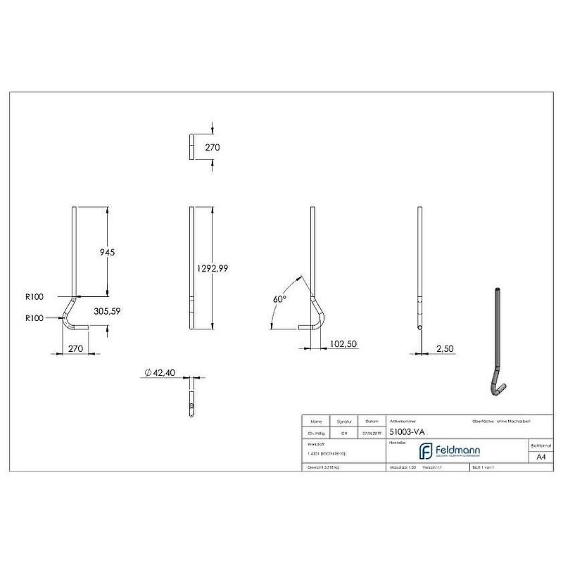 Pfosten gebogen, aus Rohr 42,4mmx2,5mm, V2A