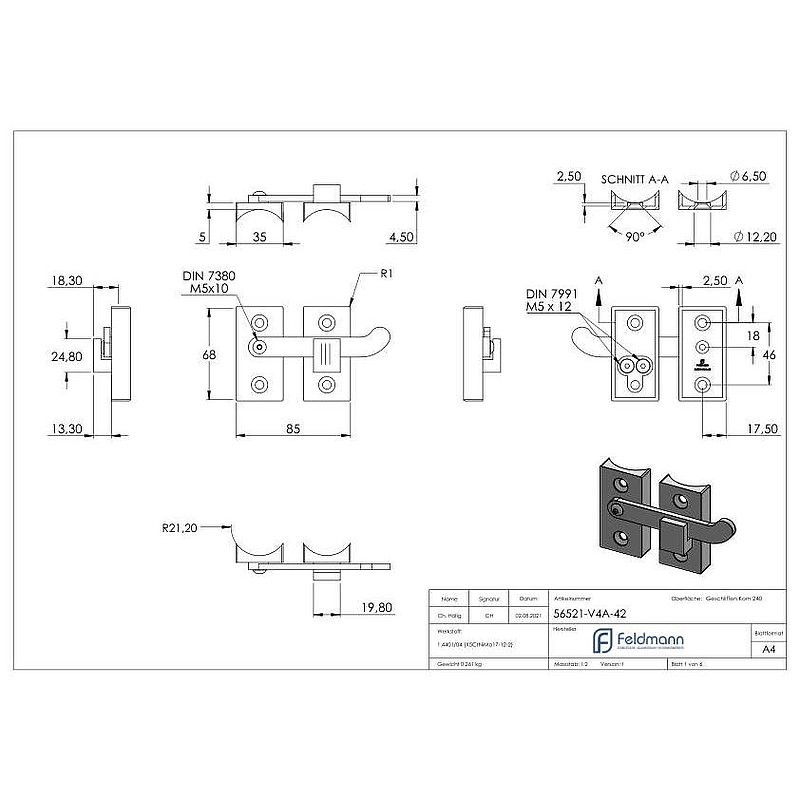 Bolt-on gate latch for 42.4 mm tube, AISI316