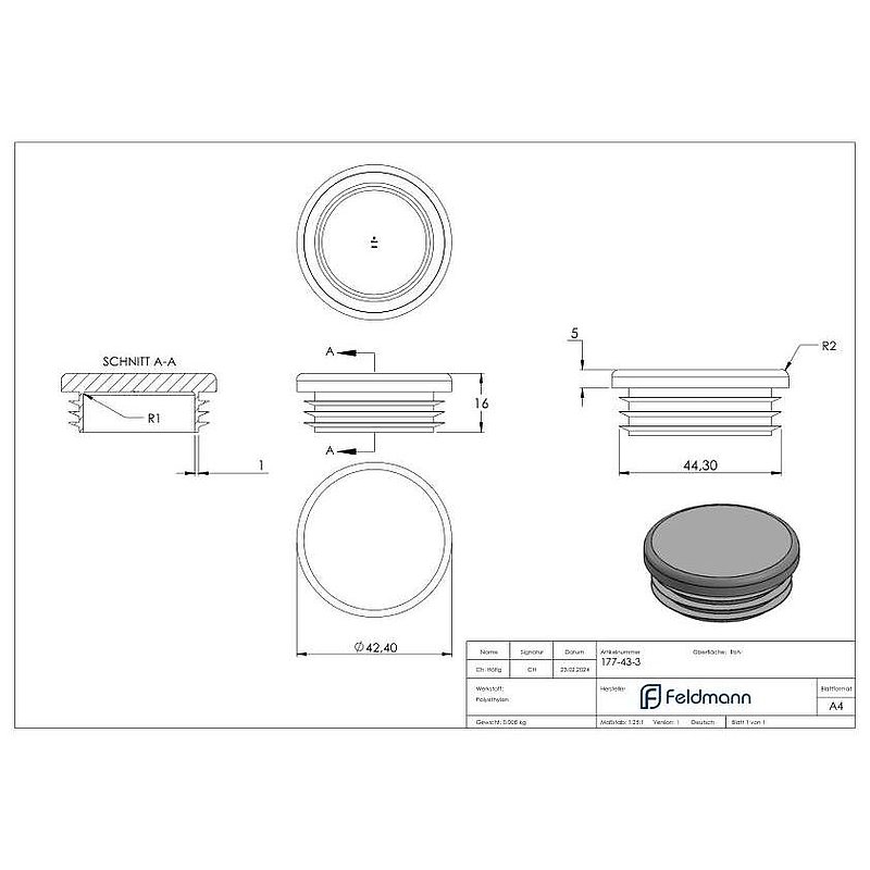 Plastic end cap for round tube 42.4 mm