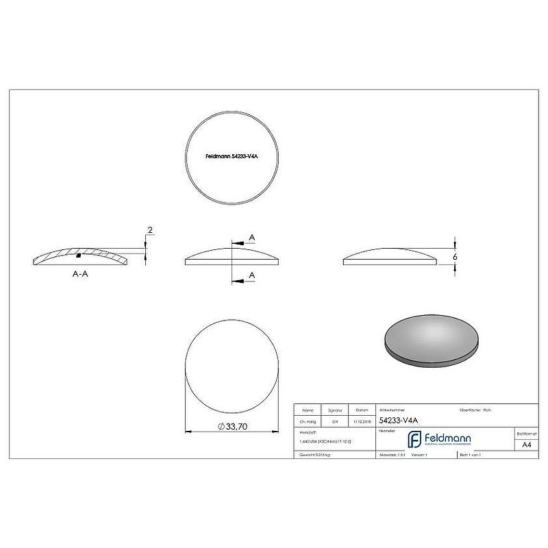 Domed bowl Ø 33.7x2.0mm, H: 6mm, AISI316