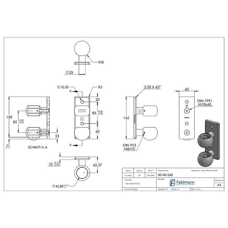 Wall mounting for railing posts 42.4 mm, AISI304
