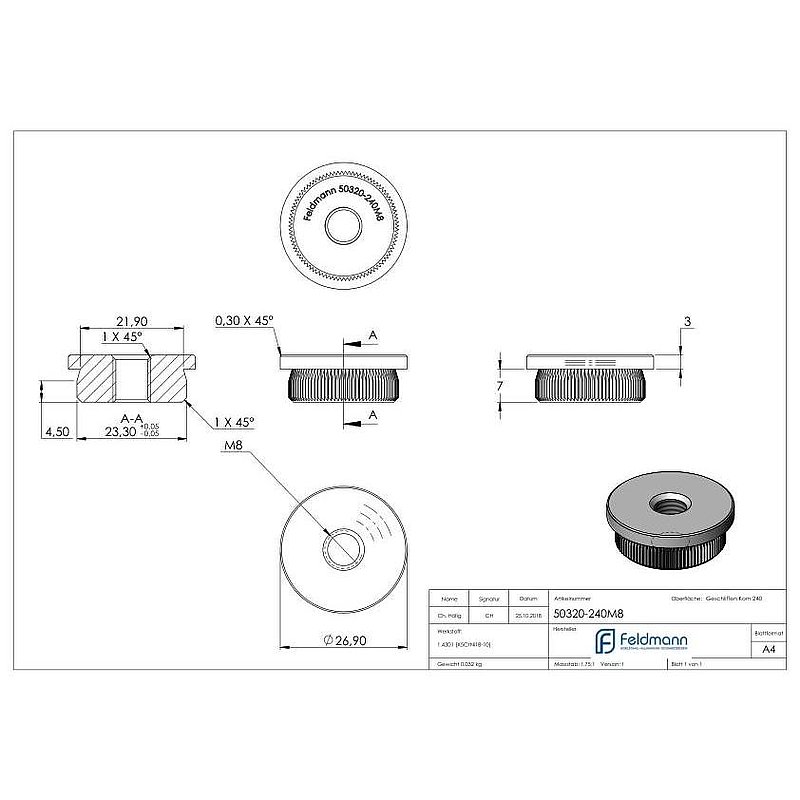 Rohrabschlussstopfen, für Rohr 26,9x2,0mm, V2A