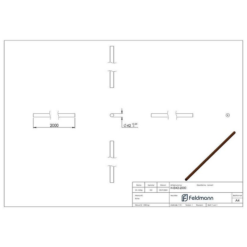 Mains courantes en bois de Chêne, Ø 42,4mm, L: 2000mm