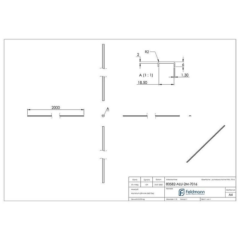 Kantenschutz EXTRA SLIM, für Glas 16,00 - 17,52mm, L: 2000mm, Aluminium RAL 7016