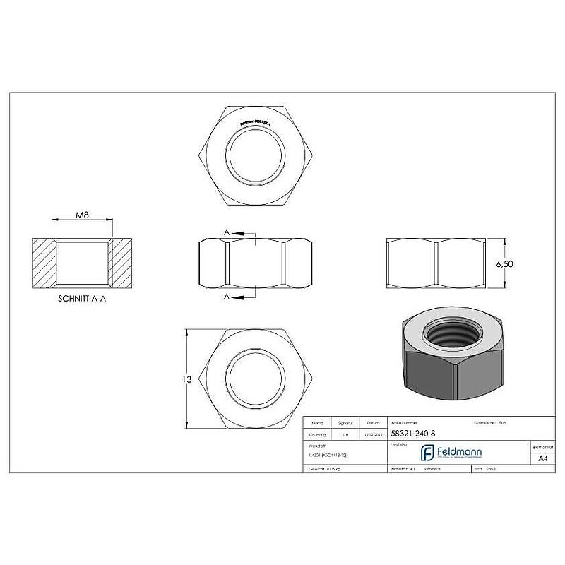 Hexagon nut M8, DIN 934, AISI304