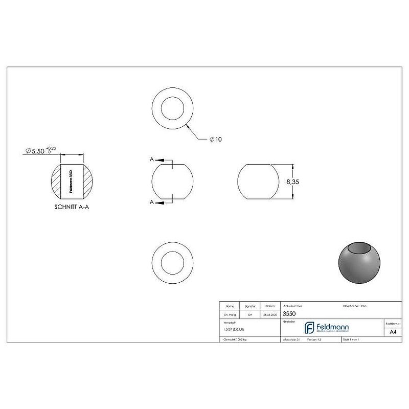 Massivkugel 10mm, mit Durchgangsbohrung 5,5mm