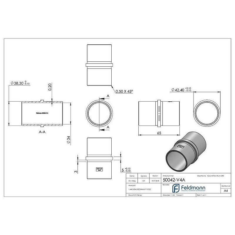 Verbindungsstück für Rohr 42,4x2,0mm, V4A
