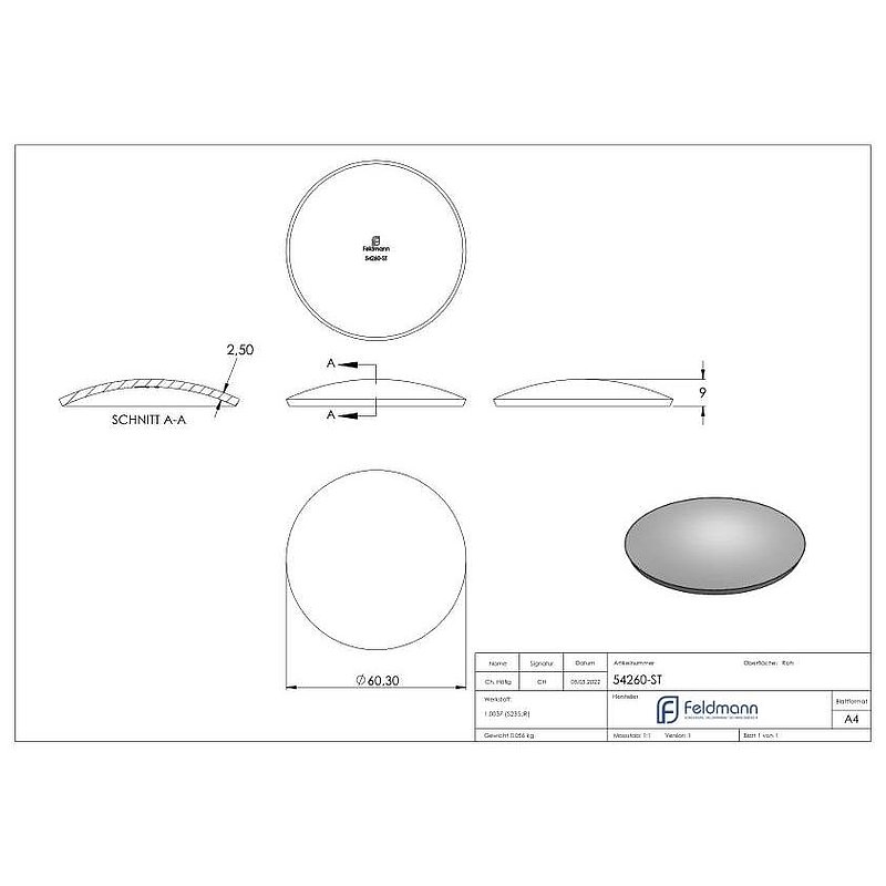 Halbrundschale 60x2,5mm, H: 9mm