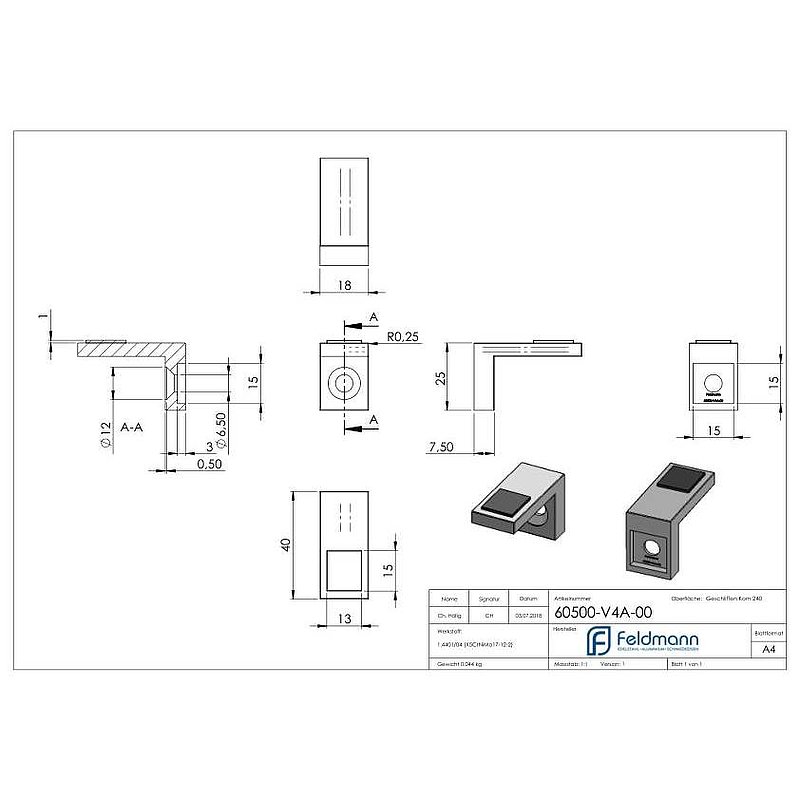 Retaining shelf with straight connection, AISI316