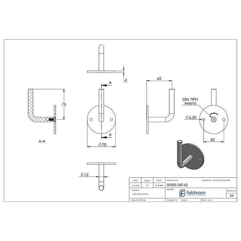 Handrail bracket for welding, (round plate and bracket screwed together), AISI304