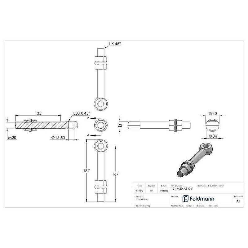 Boulon à œil pour gond à souder 121-M20, galvanisé par électrolyse