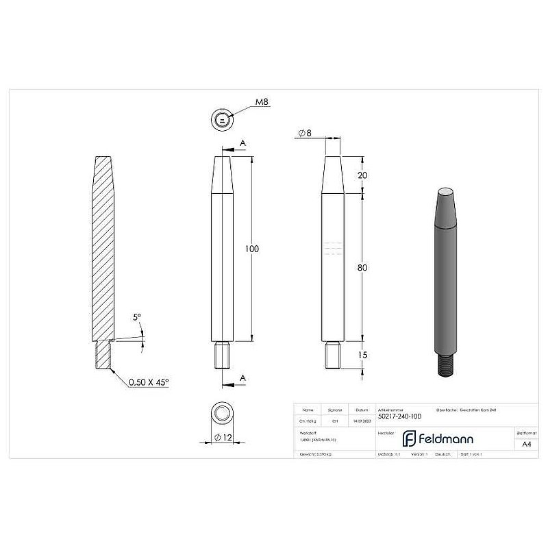 Pin Ø 12mm, L: 100mm, machined, AISI304