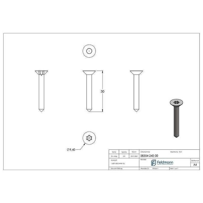 Countersunk head wood screw, 5x30mm, AISI304, with Torx drive T20