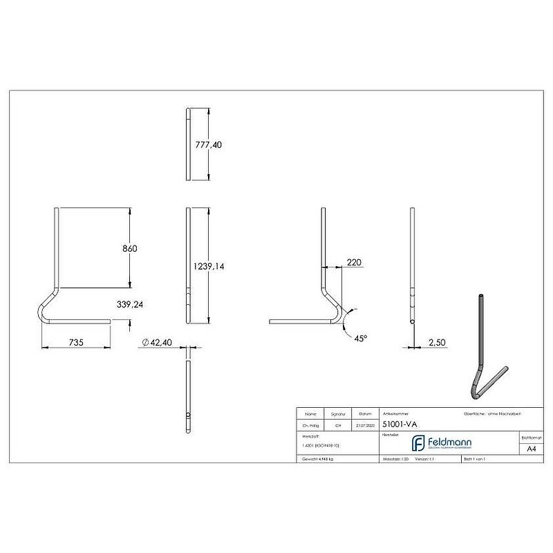 Pfosten gebogen, aus Rohr 42,4mmx2,5mm, V2A