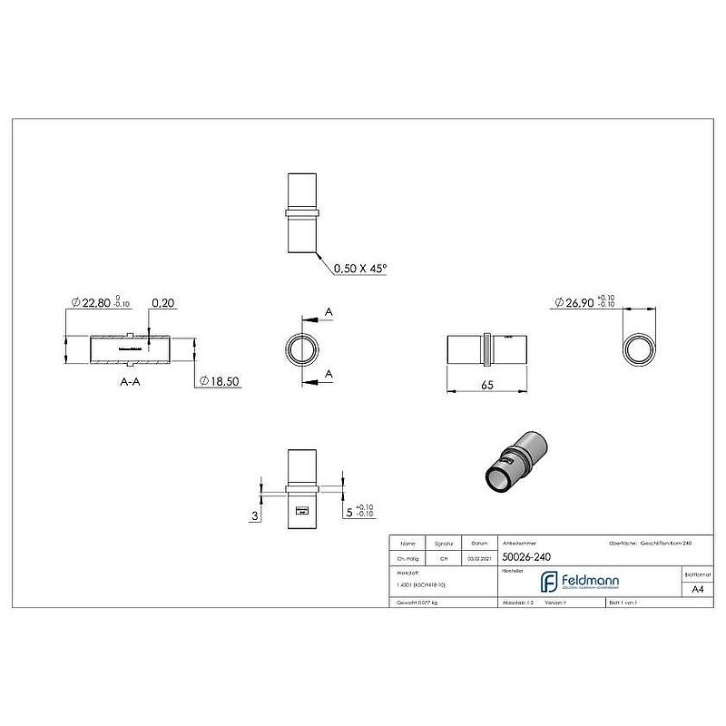 Connecting piece for tube 26.9x2.0mm, AISI304