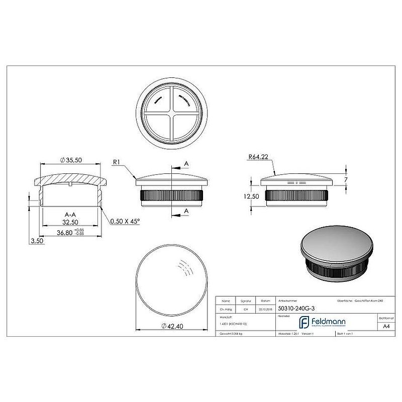 Tube end plug, for tube 42.4x3.0mm, AISI304
