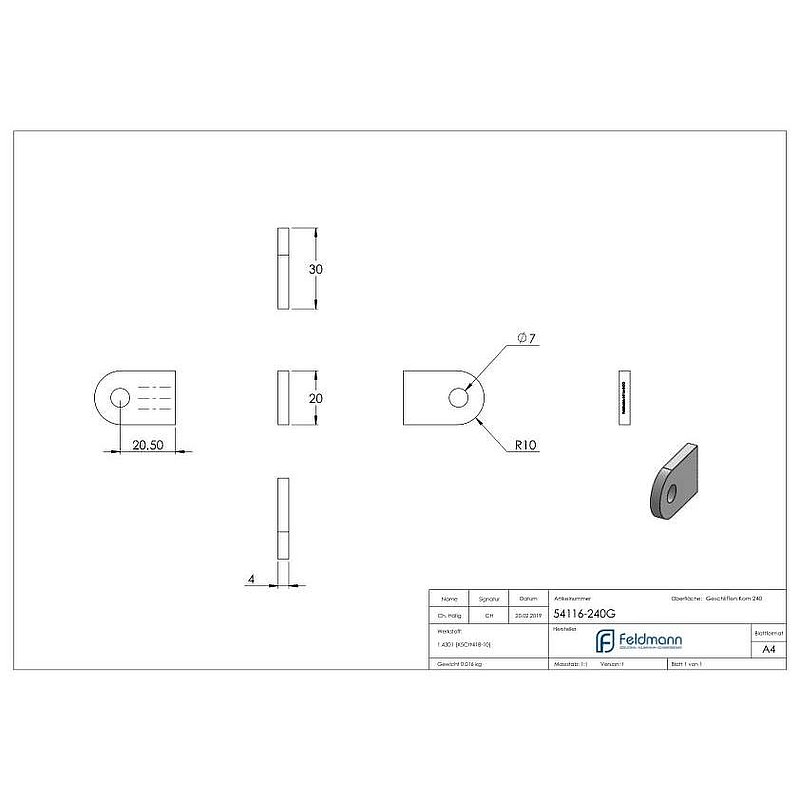 Weld-on bracket, 30x20x4mm, ground, AISI304