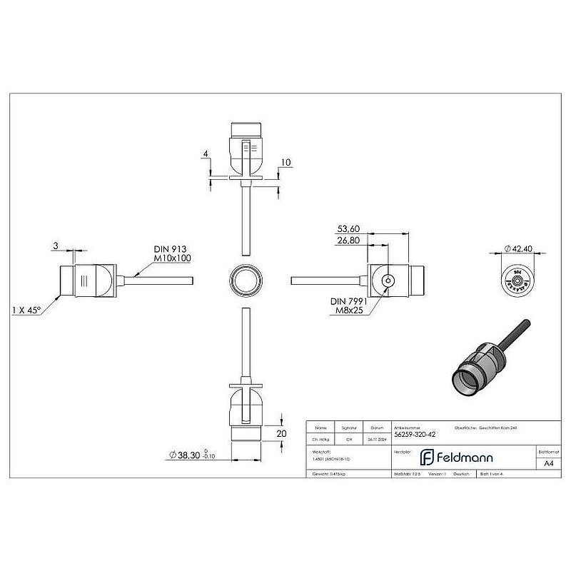 Support mural avec articulation à bétonner pour tube 42,4x2,0mm, V2A