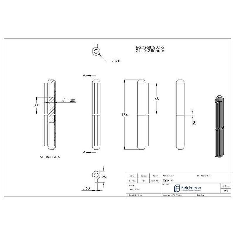 Weld-on hinge 2-piece, fixed spigot