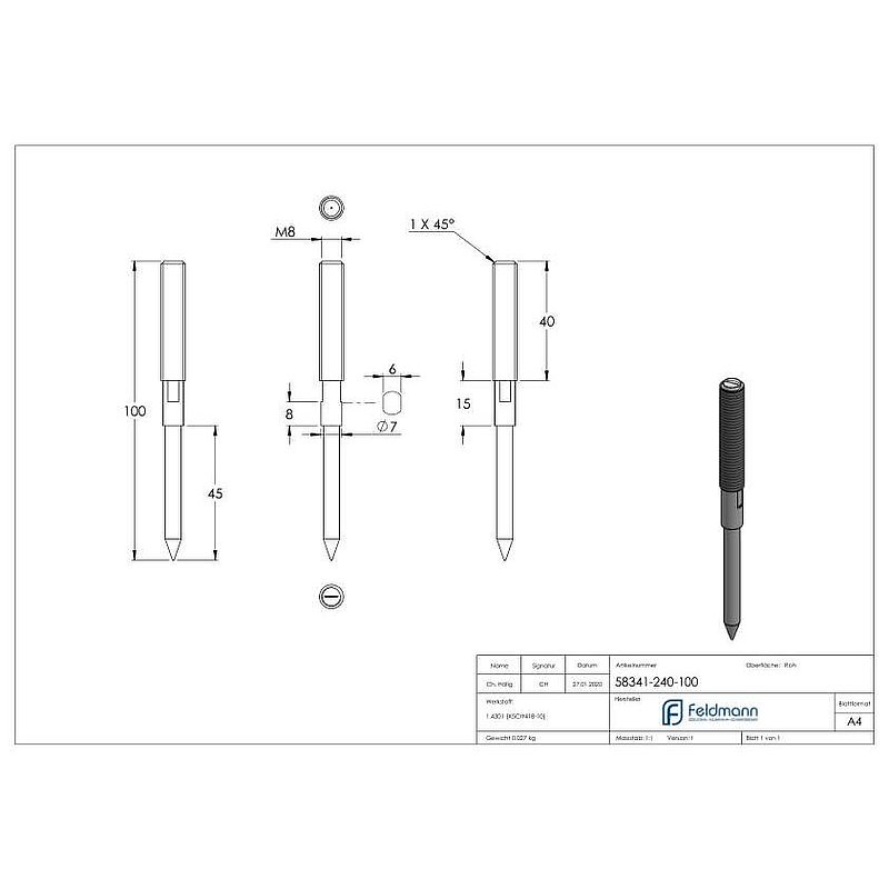 Hanger bolt M8x100mm, AISI304