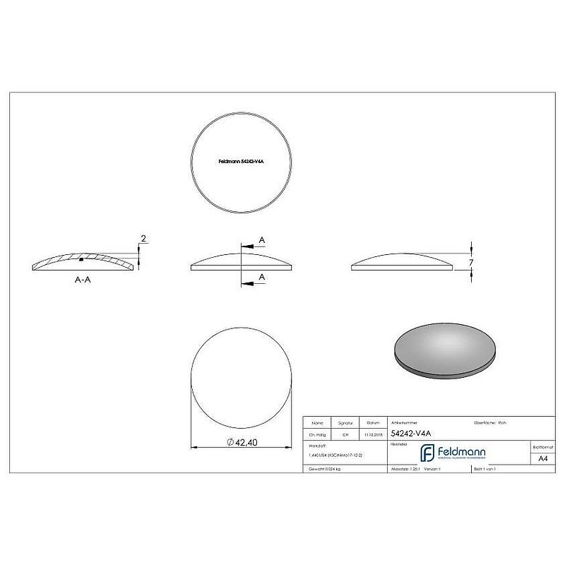 Domed bowl Ø 42.4x2.0mm, H: 7mm, AISI316