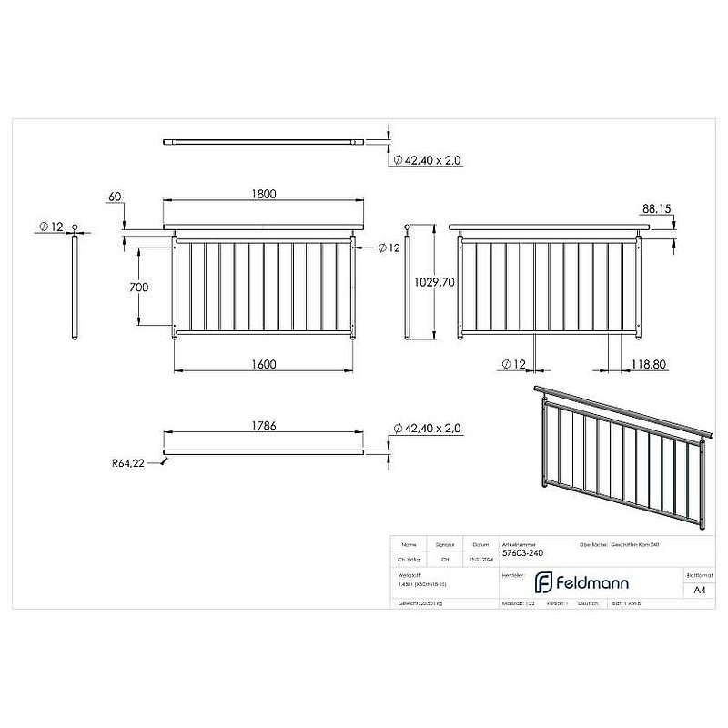 French balcony grille, straight, W: 1.6m, AISI304