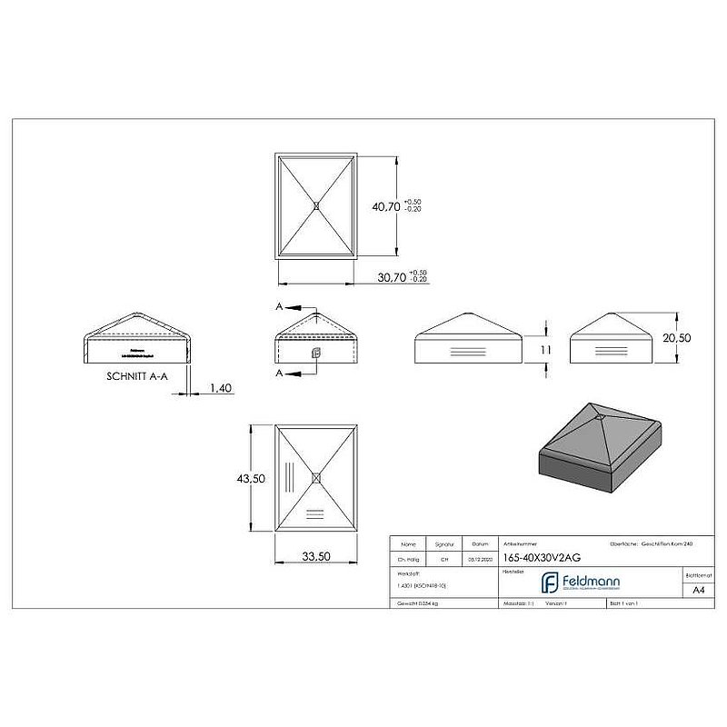 Chapeau pyramidal pour tube rectangulaire 40x30mm, poli, V2A
