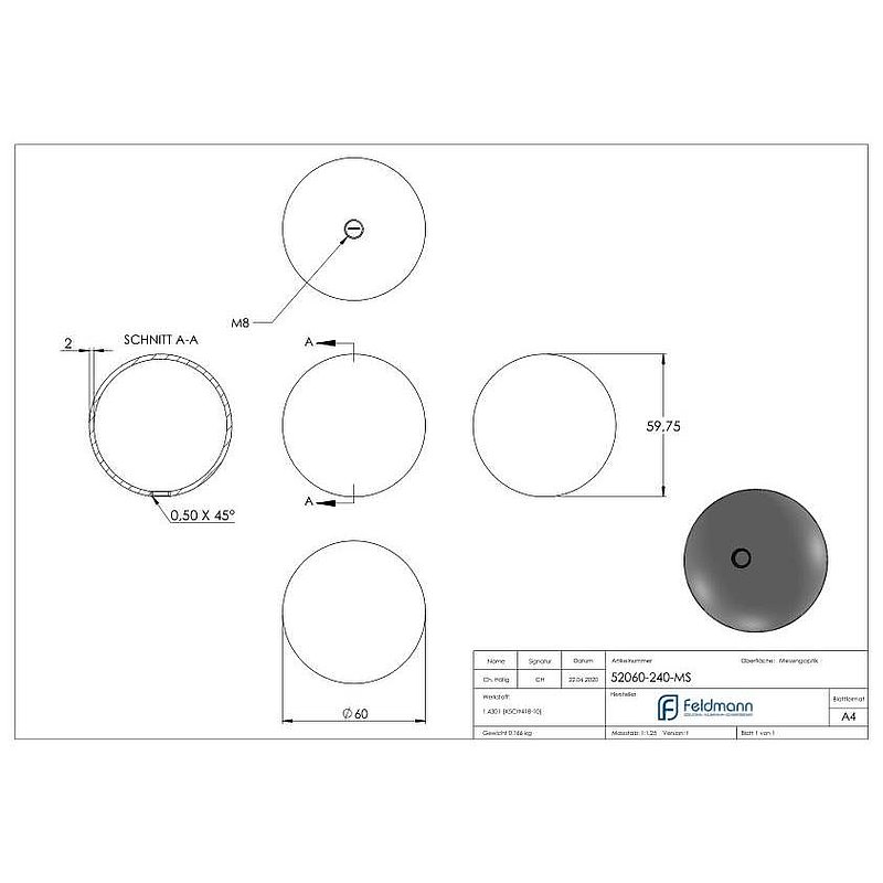 Boule laiton creuse Ø 60mm avec M8