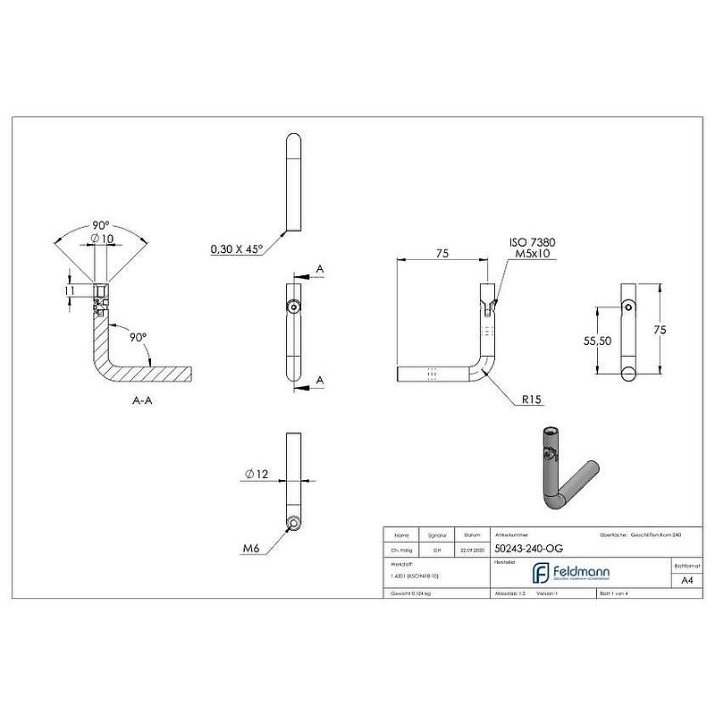 Bracket Ø 12mm, with joint, 90° bent, AISI304