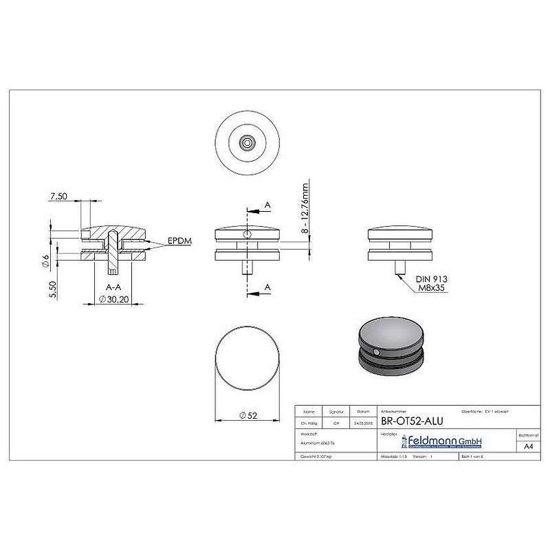 Glass point holder Ø 52 mm, suitable for Brenk holder, ALU