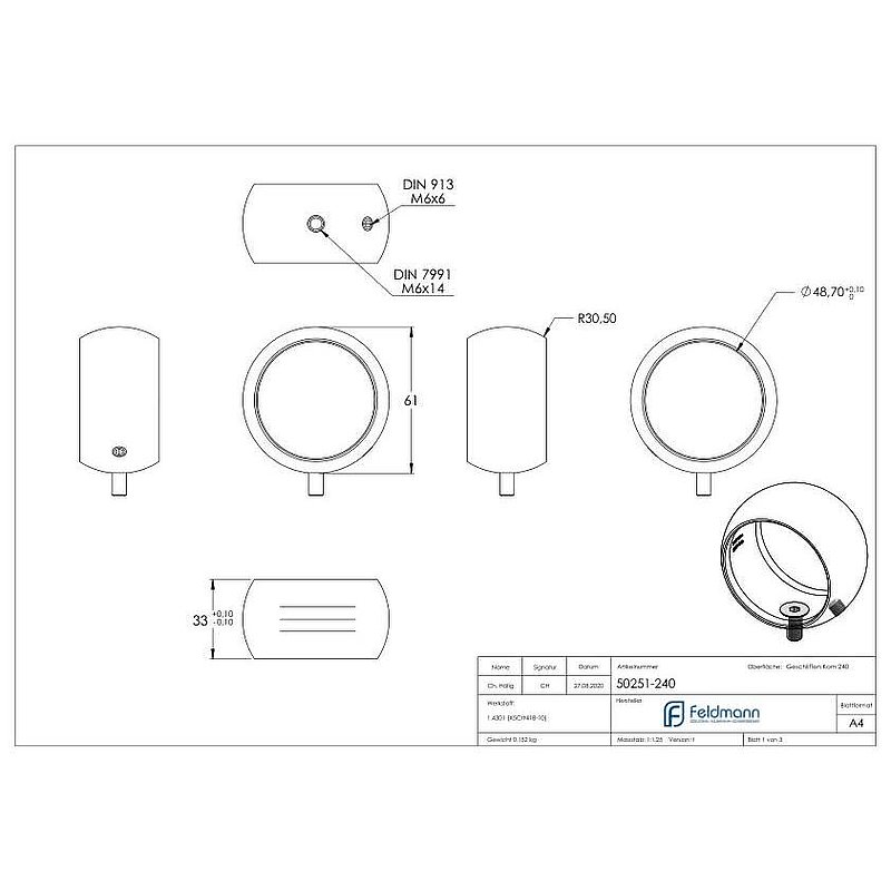 Ball ring for handrail bracket, 48.3 mm, AISI304