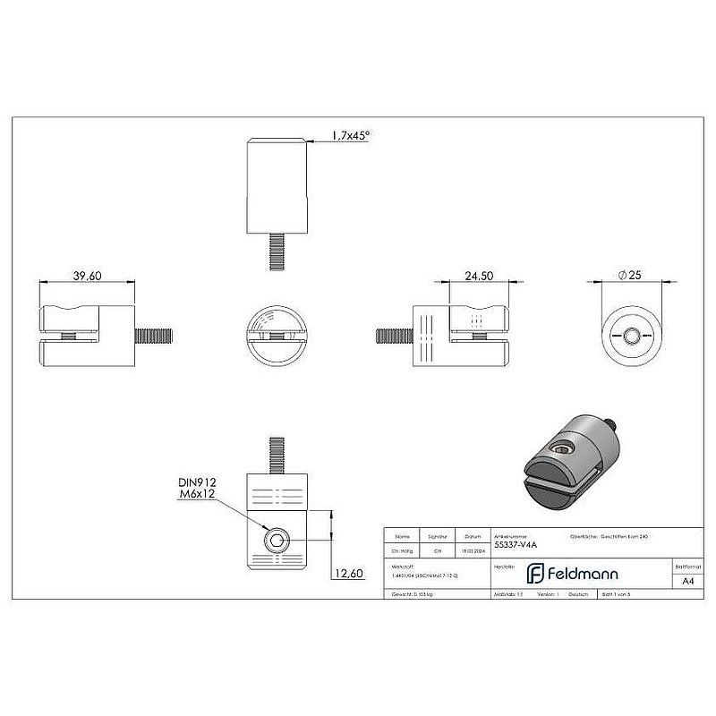 Blechhalter, Ø 25mm, Anschluss: gerade, V4A