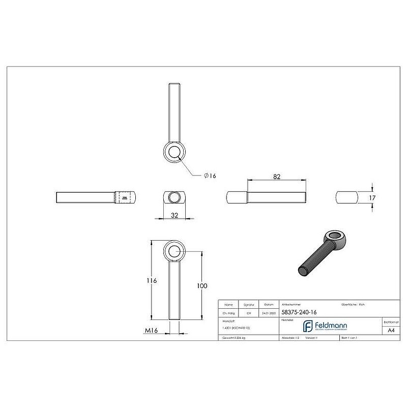 Eye bolt M16x100, AISI304, DIN 444