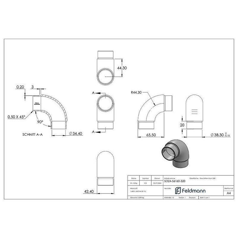 Rohrbogen 90°, für Rohr 42,4x2,0mm, V2A