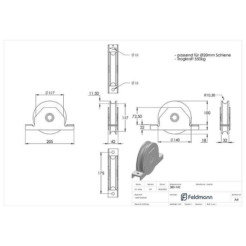 Schiebetorrolle mit Rundrille, Ø 140mm, für Schiene Ø 20mm, 2 Kugellager, verzinkt