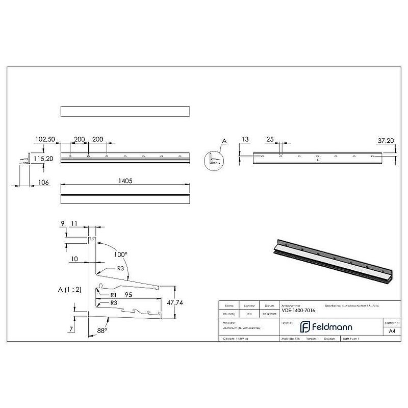 Eleganza canopy profile , L: 1405mm, aluminum RAL7016