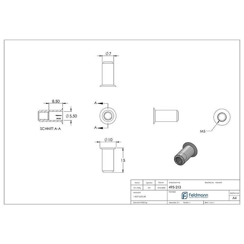 Blind rivet nut, steel, M5/hole 7mm, galvanised