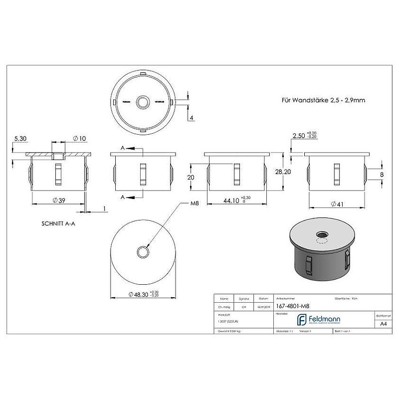 Bouchon en acier, pour tube 48,3mm