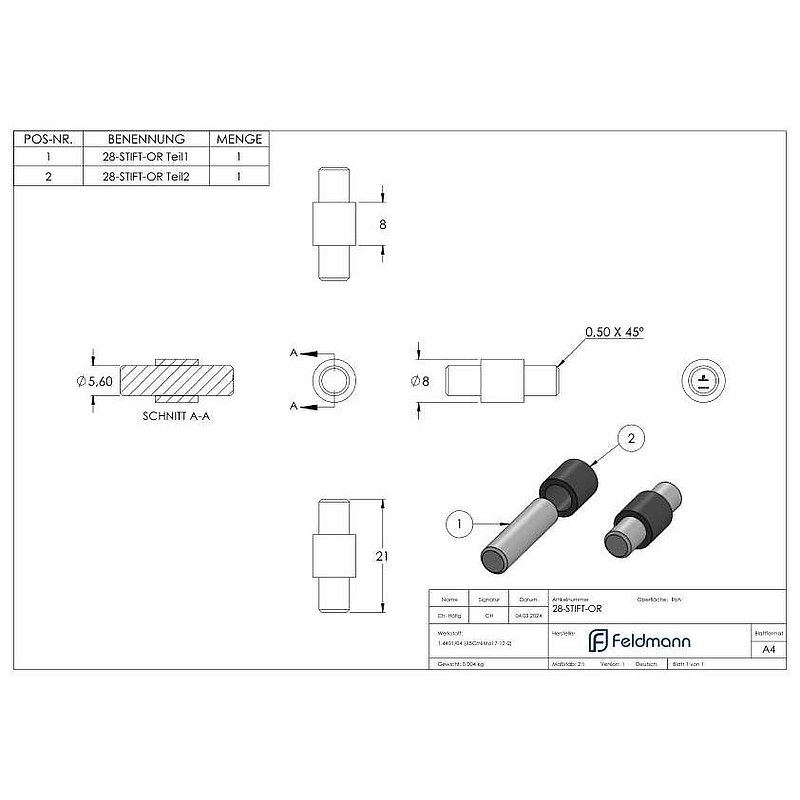 Sicherungsstift für Mod. 28 - ohne Rändel, V4A