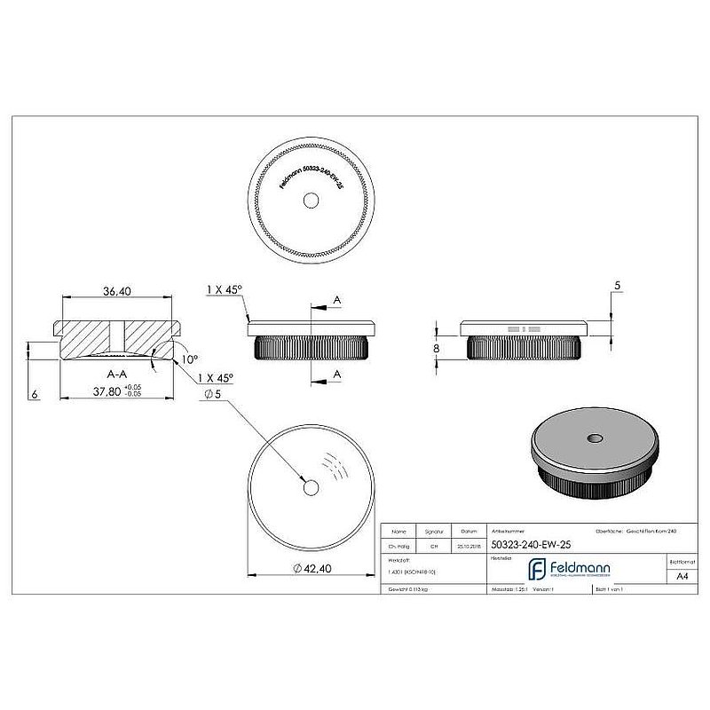 Rohrabschlussstopfen, für Rohr 42,4x2,5mm, V2A