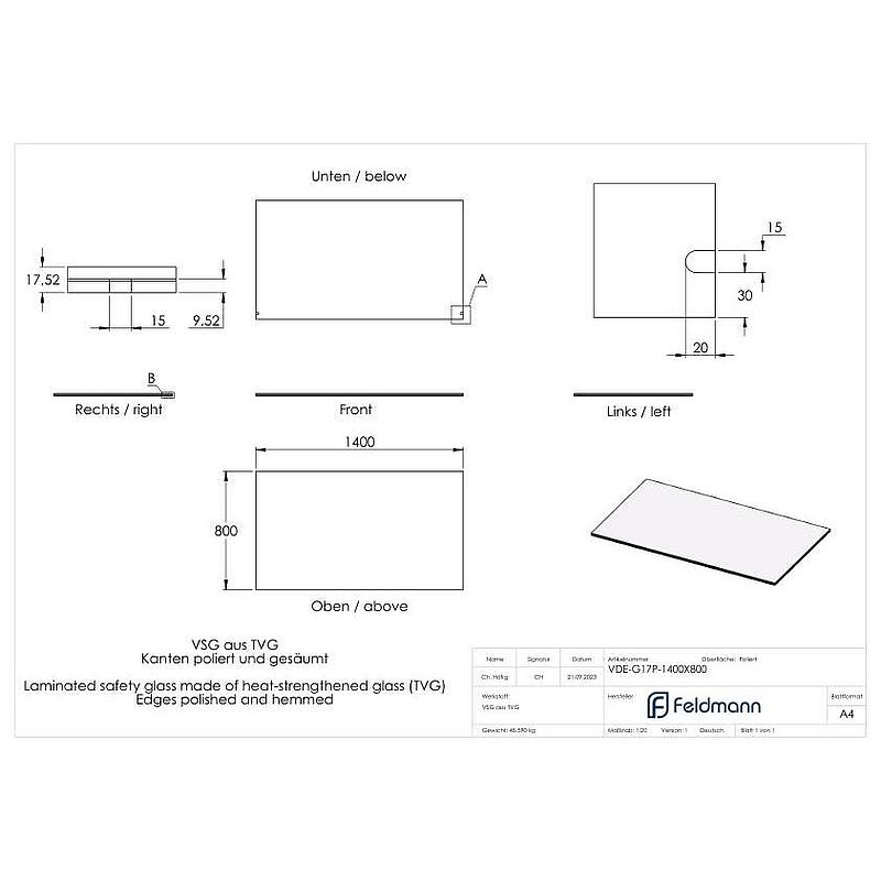 Eleganza canopy glass: 1400x800mm VSG made of 2x8mm TVG with 1,52mm PVB