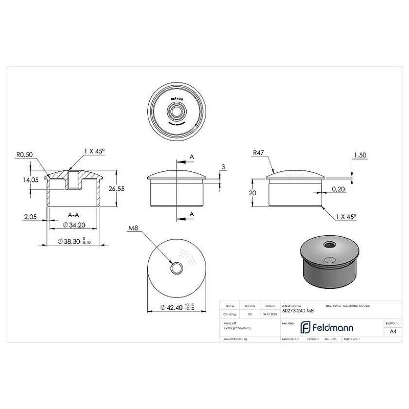 Tube end plug for gluing with M8 for 42.4x2.0mm, AISI304