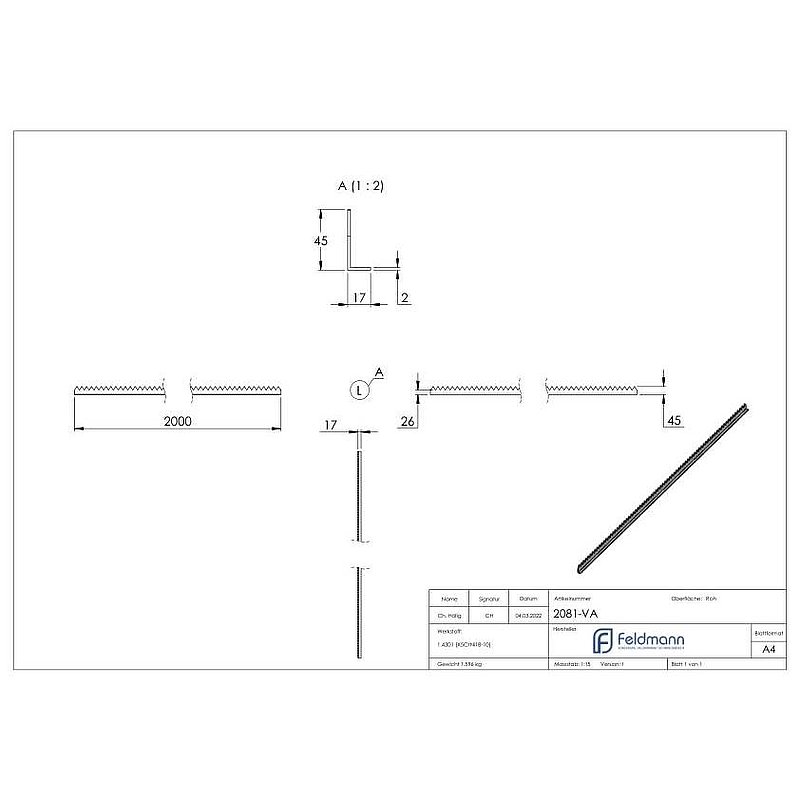 Stainless steel serrated moulding, unpolished, L: 2000mm