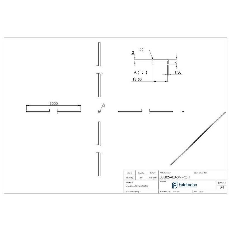 Kantenschutz EXTRA SLIM, für Glas 16,00 - 17,52mm, L: 3000mm, Aluminium roh