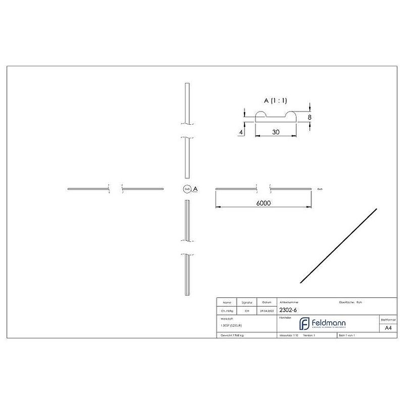 Hespene iron S235JR, 30x8x4mm, L: 6000mm