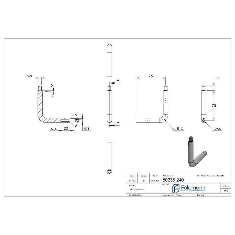 Bracket Ø 12mm, 90° bent, AISI304